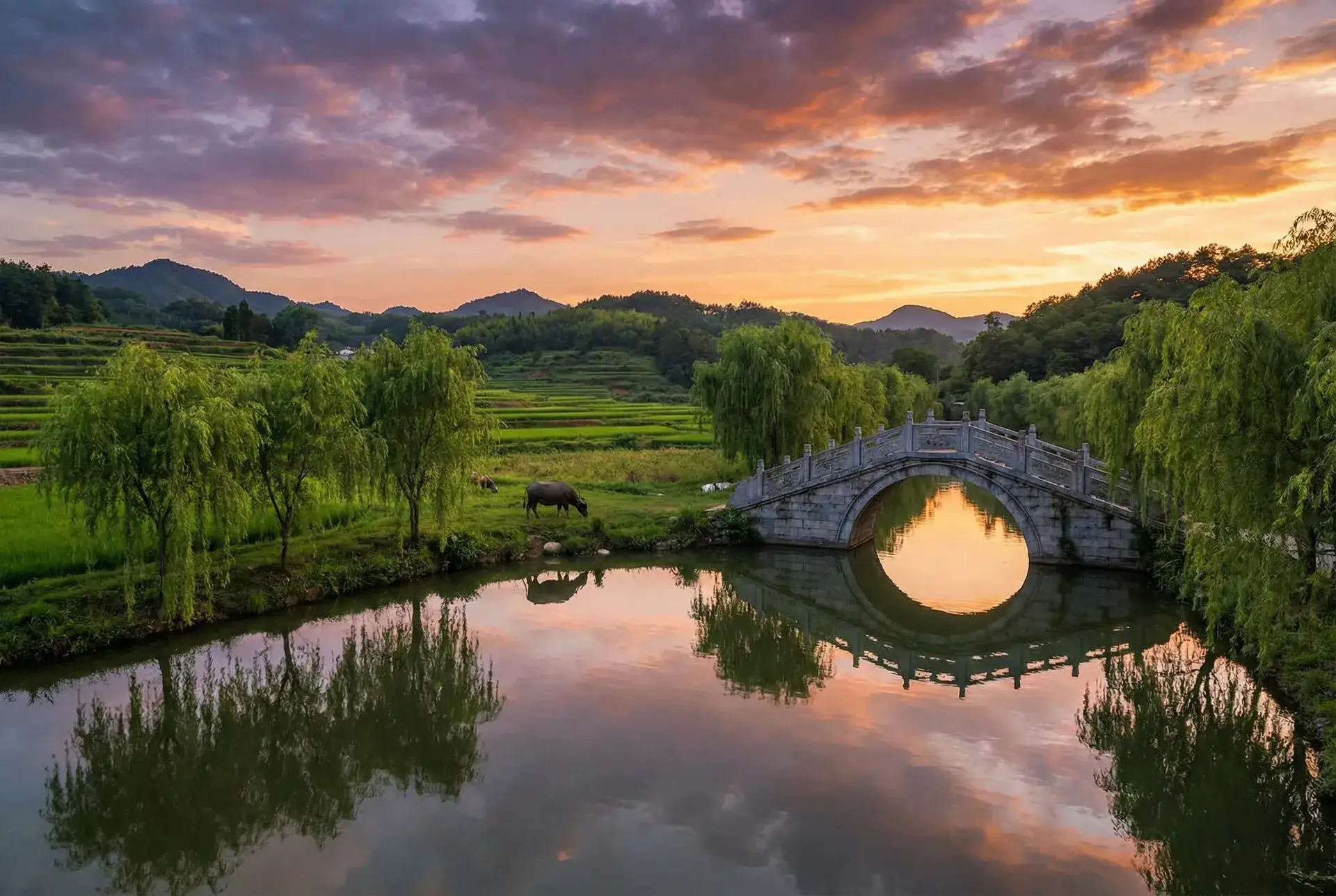 夕阳下的石拱桥与垂柳，水牛在河边吃草 - 深田泳美 乡村美景